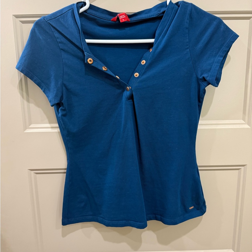 Guess Blue Fitted Button Down Shirt with Polo Collar